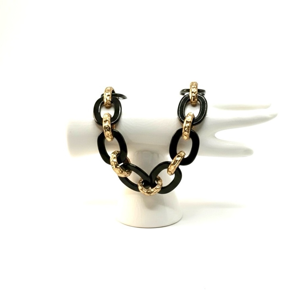 Vintage Trifari* Wide Hammered Gold & Black Open Link Bracelet w/Toggle Clasp 8” - Picture 4 of 8